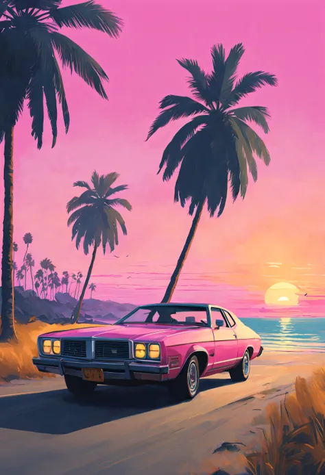 gta vice city loading screen style, american car nearby, sunset, golden hour, pink sky, beach and palms in background, nice watc...