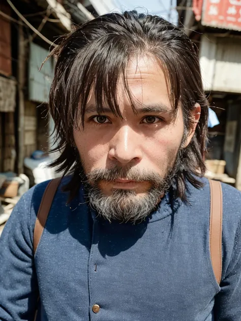 1man,people living on the street々々々々々,japanese,50 years old,slums,best quality,tatteredclothing,close-up photo of the upper body...