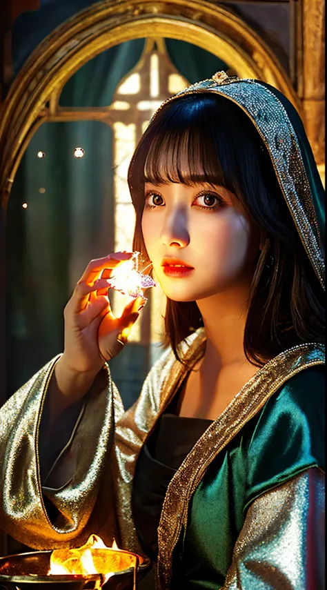 Mysterious woman doing tarot reading,Tarot Reading,Tarot Cards,cute  face,Blunt bangs, Straight hair, Shiny hair,Medieval mystery clothes,Mysterious fortune teller,hermit,magical lights,Pale red glowing eyes