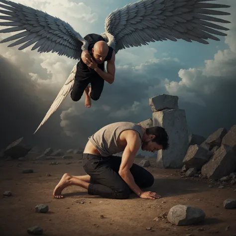 a man kneeling down with wings spread out and broken, a hyperrealistic painting by Olga Ibadullayeva, happening disgrace, the angels are crying, fallen angel, angels protecting a praying old man, angel protecting man, emotional picture, biblical accurate a...