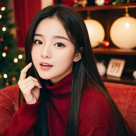 An ultra-high picture quality、Perfect Photo、japanes、japanese beauty girl、1３age、Forehead、large mouth、Black turtleneck sweater、christmas indoor、A dark-haired、thick lips、