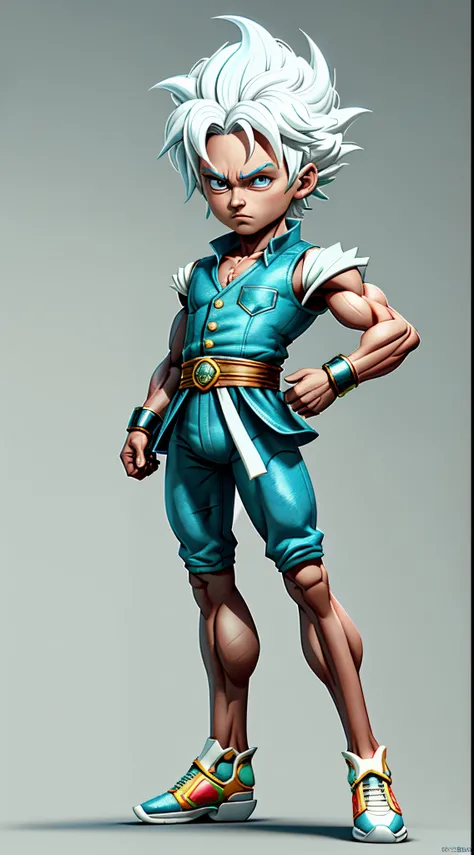 cbzbb, Goku, super saiyan, exquisite hair, arm depiction, white and blue hair body, exquisite shoes, eye depiction, exquisite hair, popmart blind box, clay texture, stepping on the land, black and white background, natural lighting, most good quality, supe...