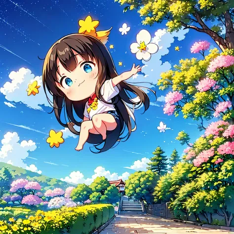 (Chibi:1.6),Melody Mark,top-quality、masutepiece、1womanl、独奏,(Blue World:1.5),(many stars are falling:1.3),(Nostalgic landscapes:1.5),(colorful flower:1.3),Garden Girl,gentle sunlight,Soft breeze,Delicate flowers,A rainbow-colored butterfly flaps its wings,M...