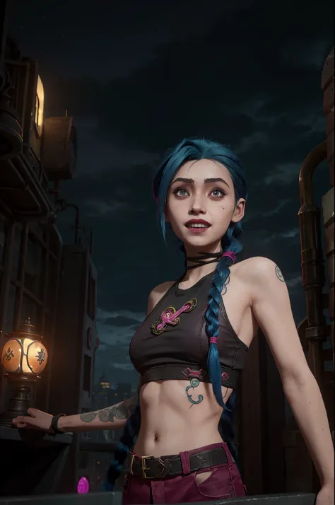 arcane style,

1girl, arm tattoo, asymmetrical bangs, bangs, blue hair, braid, brown shirt, cloud tattoo, looking at viewer, laughing, crazy, uncontrollable laugh, mad look, night, city, green hair, long hair, midriff, pink eyes, red lips, shirt, solo, sta...