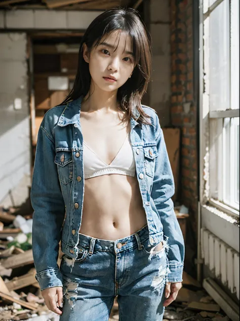 (top-quality), Realistic, (real picture, Intricate details), (natural skin texture, detailed skin, hyper realism, sharpness) ((Japanese college girl standing in an abandoned apartment building, hands in pocket:1.3)), ((baggy denim jacket, tight white sport...