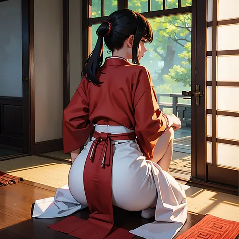 girl bending down. shot from behind. her ass exposed. traditional korean cloths and oanties. from a distence.