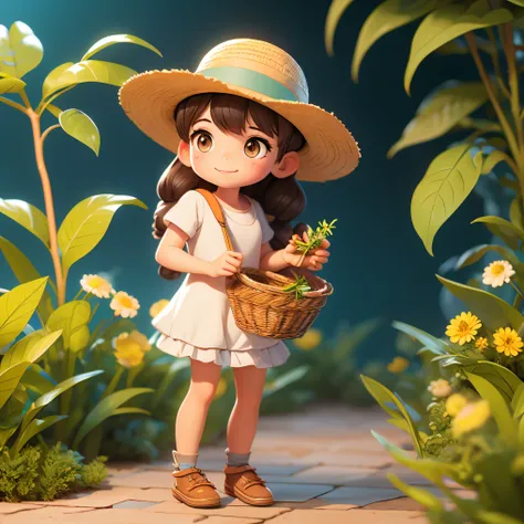 A beautiful girl bends over to pick tea leaves，With a straw hat，Carrying the back basket，3D, slice, Best quality