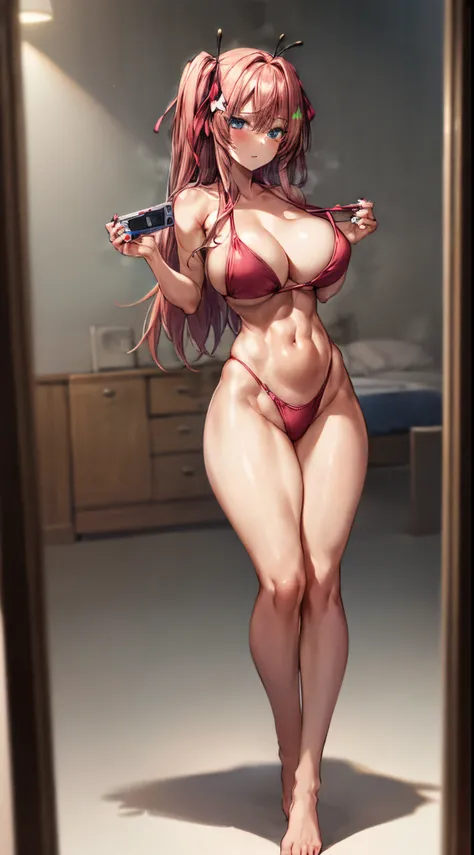 (((1girl))), alone, Nino Nakano, pink hair, butterfly hair ornament, {{{very short and sexy bikini}}}, big breasts, standing, (in a motel room), reflection eyes, bright eyes, dark blue eyes, bad mood, big butt, shapely butt, very thin waist, wide hips, ton...