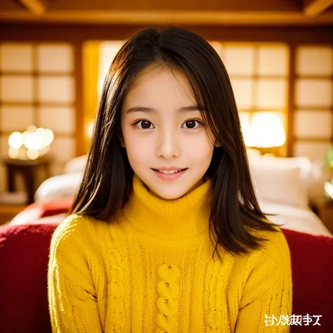 An ultra-high picture quality、Perfect Photo、japanes、japanese beauty girl、12year old、Forehead、large mouth、Yellow Turtleneck Sweater、christmas indoor、A dark-haired、thick lips、