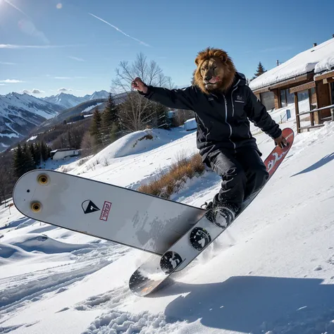 Lion de forme humaine qui fait un saut snowboard dessin anime