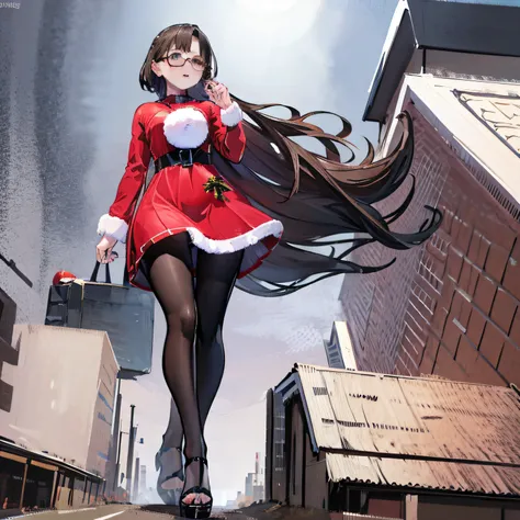 Multiple girls, sntdrs (english), Red Santa Dresses, giantess art, highly detailed giantess shot, der riese, Shorthair, Giant woman bigger than a skyscraper, Wearing rimless glasses, Colossal tits, Big ass, Red Santa Dresses, Black pantyhose, Shoes are hig...