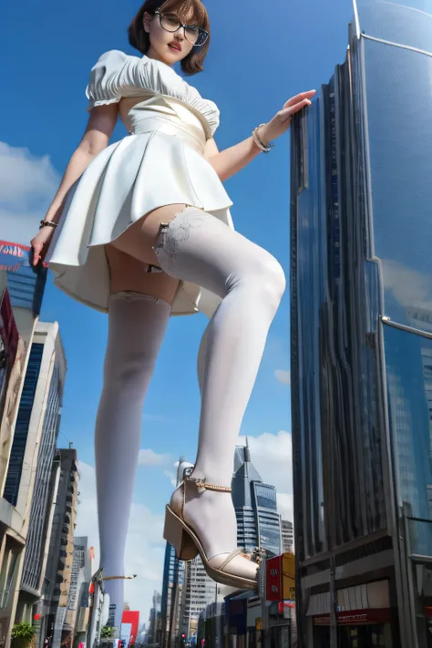 giantess art, highly detailed giantess shot, der riese, super giant princess, Shorthair, Giant woman bigger than a skyscraper, Wearing rimless glasses, Colossal tits, Big ass, white luxury white dress, White pantyhose, shoes: high heel white sandals, very ...