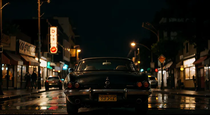 Visual atmosphere inspired by the style of "Drive": wet streets, city lights at night, darkness, and mystery. The main character, a mysterious driver, turns the key in the ignition of his vintage car.