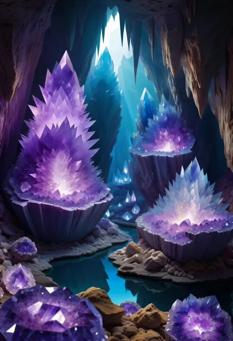 Miners working in an amethyst geode，Huge amethyst geode, amazing amethyst geode, geode, Druze Geode, Amethyst, wonderful mineral art，Stunningly detailed,  8K,Fantasy cave walls made of mineral crystals，covered with precious crystals, crystal cluster， s fra...