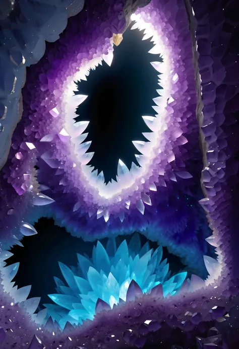 Huge amethyst geode, amazing amethyst geode, geode, Druze Geode, Amethyst, wonderful mineral art，Stunningly detailed,  8K,Fantasy cave walls made of mineral crystals，covered with precious crystals, crystal cluster， s fractal art，subsurface, exploration, Gl...