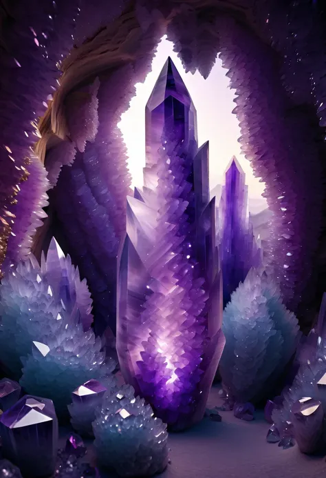 Huge amethyst geode, amazing amethyst geode, geode, Druze Geode, Amethyst, wonderful mineral art，Stunningly detailed,  8K,Fantasy cave walls made of mineral crystals，covered with precious crystals, crystal cluster， s fractal art，subsurface, exploration, Gl...