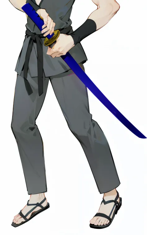 Anime man wewr black clothes with sandals holding katana in blue sword cover