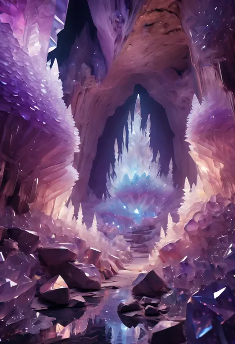 Huge amethyst geode, amazing amethyst geode, geode, Druze Geode, Amethyst, wonderful mineral art，Stunningly detailed,  8K,Fantasy cave walls made of mineral crystals，covered with precious crystals, crystal cluster， s fractal art，subsurface, exploration, Gl...