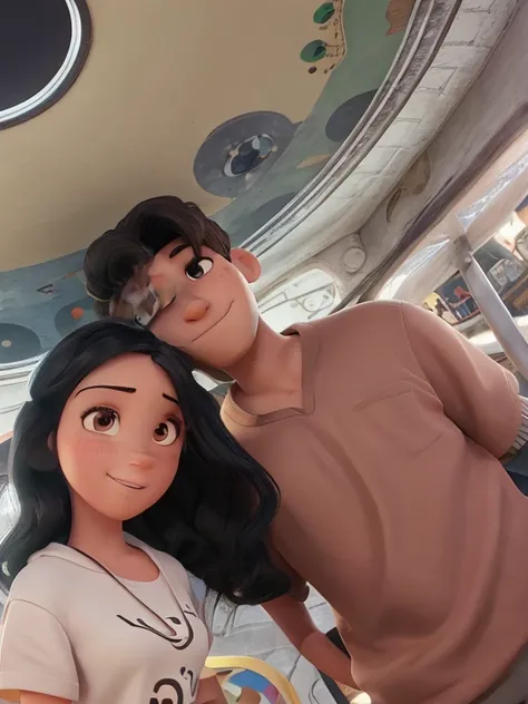 Imagen estilo pixar de una pareja con el fondo de un arte del renacimiento, la chica cabello negro y piel blanca, la chica esta sonriendo y tiene una blusa color beige y los ojos medio achinados, el chico cabello color negro, color de piel mestizo, con una...