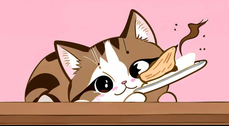 Illustration of a cat eating crepes、right eye is winking、Make a horizontal V sign with your right hand at the corner of your right eye.