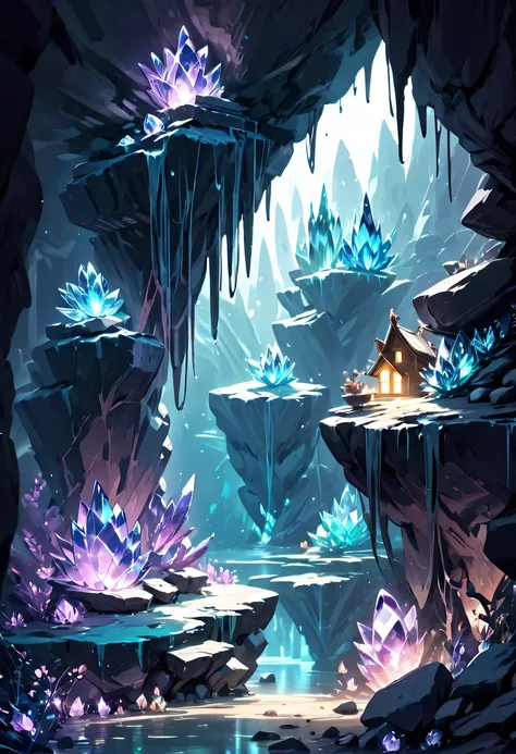 fantasy cave walls made of mineral crystals，covered with precious crystals, crystal cluster，subsurface, exploration, stibnite cr...