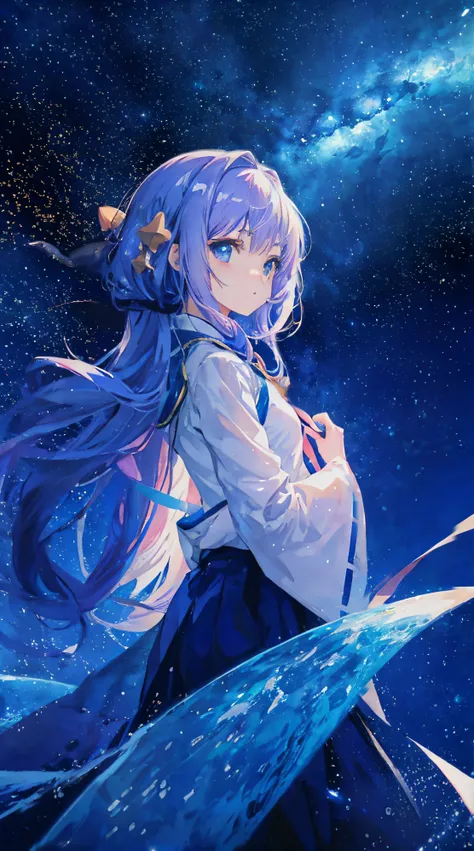 Anime girl looking at the stars in the sky, girl looks at the space, Cosmic hair anime girl, girl in space, As estrelas(sky sky) starrysky_sky sky, against the background of the Milky Way, in a starry space, near a galaxy, Anime art wallpaper 8K, shooting ...