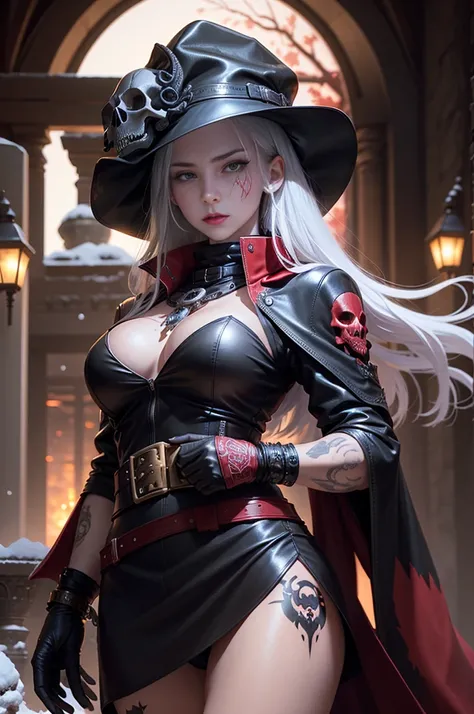 full body Esbian, of the highest quality, Intricately detailed skins, Shiny skin, Shiny hair, pale complexion，Big breasts), 　Red sky,　Continuous snow， Snow City, ((Skull Mark)), ambitious, Seductive Woman, Gray hair, Long hair, Hair fluttering in the wind,...