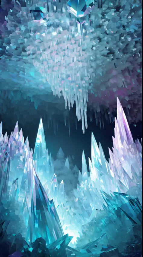 Fantasy cave walls made of mineral crystals，covered with precious crystals, crystal cluster，subsurface, exploration, Stibnite crystals，Glowing crystal, fluorite crystal,associated mineral crystals , Enigmatic Atmosphere, Sparkling crystals, Natural Crystal...