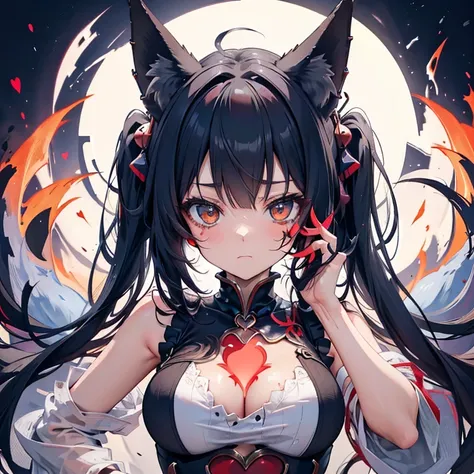 Fox monster girl with animal ears，Take out the red heart with your hand，There  a hole in the chest，Be red in the face