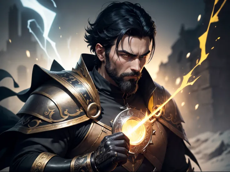 ((ultra quality)), ((tmasterpiece)), male battle mage, A Necromancer, (Black, Short Hair Hair), (has a short black beard), (Beautiful manly face), (is looking at the camera, ((Skin color: white)), ((light yellow eyes glow)), (Large physique), (Male figure)...