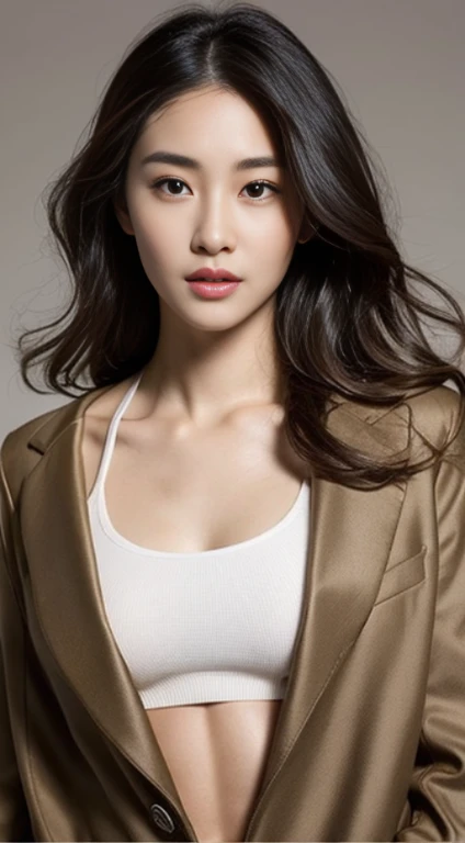 A woman with the same face as last time，Slender Abs、Loose wavy styling、coat、Beautifully expressed in every detail., Including face and skin texture.，Detailed eyes，Seducting look、full body Esbian、Look back