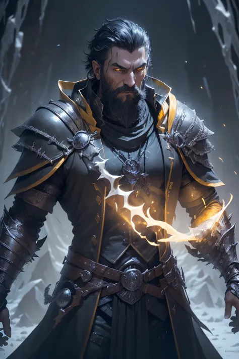 ((ultra quality)), ((tmasterpiece)), male battle mage, A Necromancer, (Black, Short Hair Hair), (has a short black beard), (Beautiful manly face), (is looking at the camera, ((Skin color: white)), ((light yellow eyes glow)), (Large physique), (Male figure)...