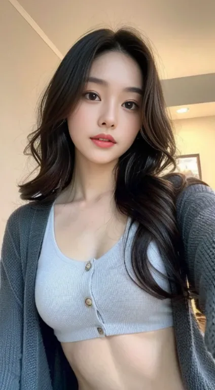 A woman with the same face as last time，Slender Abs、Loose wavy styling、Cardigan、Beautifully expressed in every detail.,please look back、 Including face and skin texture.，Detailed eyes，Seducting look、full body Esbian