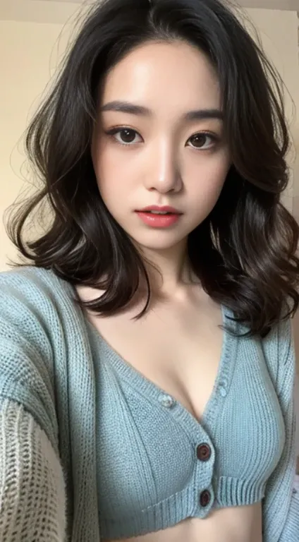 A woman with the same face as last time，Slender Abs、Loose wavy styling、Cardigan、Beautifully expressed in every detail.,please look back、 Including face and skin texture.，Detailed eyes，Seducting look、full body Esbian