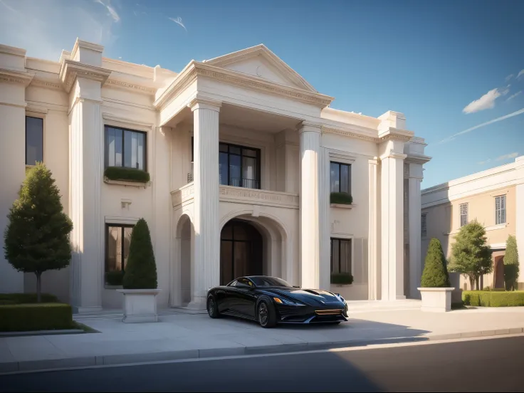 Facade of a huge luxurious and modern mansion, with a luxury car at the entrance. Realistic image, high quality.