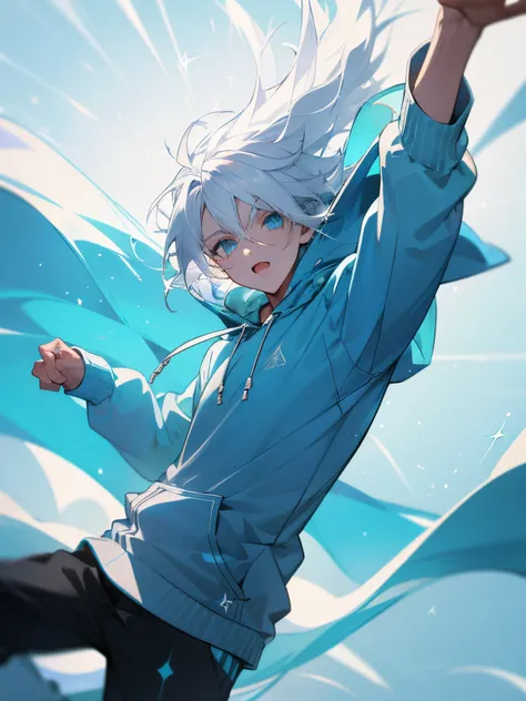 Boy with white hair and sparkling blue sparkling eyes wearing a stylish fashion hoodie,The energy,The wind blows