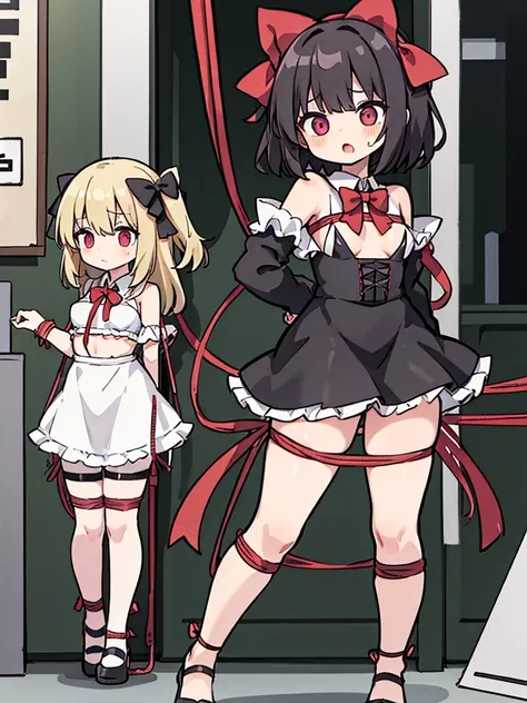 loli, small breasts, full body, (bdsm), ((rope)), startled, black bowknot