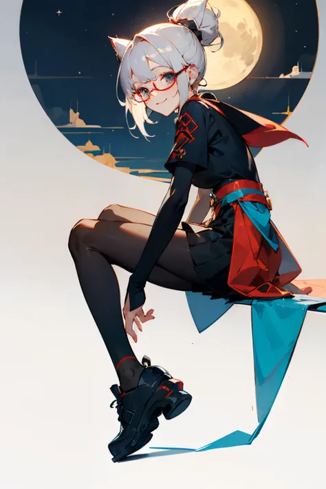 Cute girl around 16 years old。 Red-rimmed glasses。 White hair with asymmetrical bangs。 topknot。 The expression is a smile、Eyes are sagging eyes。 The costume is a short flared skirt、black opaque tights。 small tits。 The whole body is shown。 ighly detailed。 P...