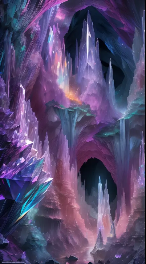 fantasy cave walls made of mineral crystals，covered with precious crystals, crystal cluster， s fractal art，subsurface, explorati...