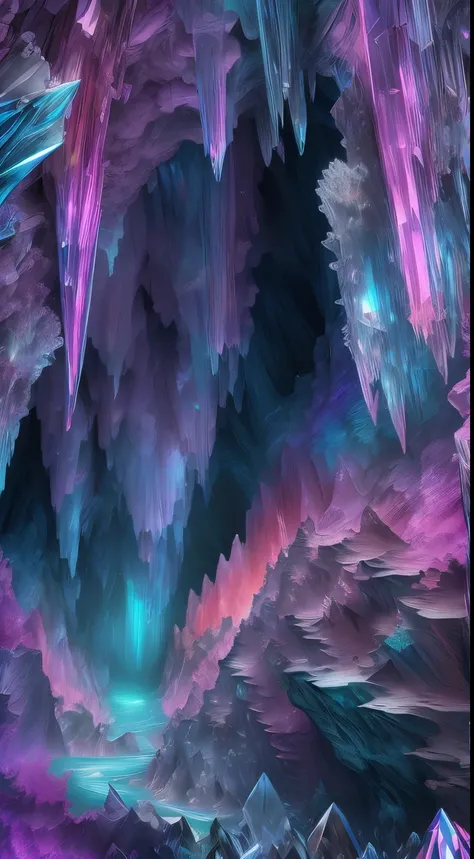 Fantasy cave walls made of mineral crystals，covered with precious crystals, crystal cluster， s fractal art，subsurface, exploration, Stibnite crystals，Glowing crystal, fluorite crystal,associated mineral crystals , Enigmatic Atmosphere, Sparkling crystals, ...