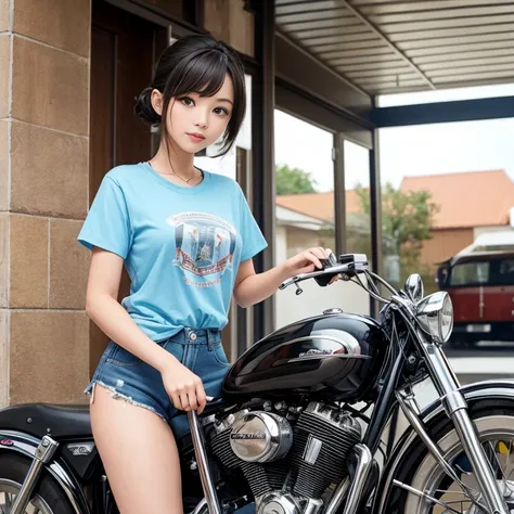 A girl maintaining a vintage motorcycle、The background is a garage、​masterpiece、Photo quality、TOKYOcty、jpn、motorcycle maintenance、tshirts、Metro City、neon color、2023、Perfect face、