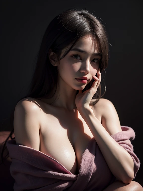 Best quality, masterpiece, ultra high res, (photorealistic:1.4), raw photo, 1girl, offshoulder, in the dark, deep shadow, caustics, looking at the viewer with a serene bliss, diffused light