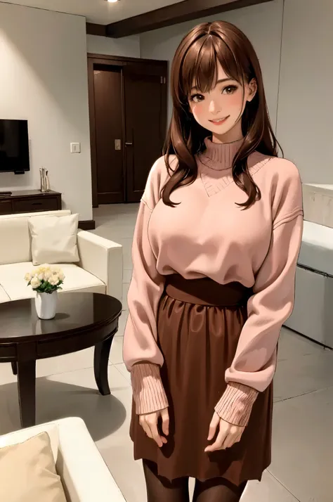 1lady standing, /(oversized sweater/) v-neck, /(brown hair/) bangs, blush kind smile, (masterpiece best quality:1.2) delicate illustration ultra-detailed, large breasts pantyhose BREAK /(modern house living room/) indoors