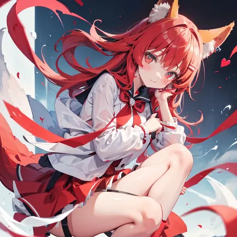 Fox ear girl，Red love heart made with hand stick,Be red in the face，Rapid heartbeat