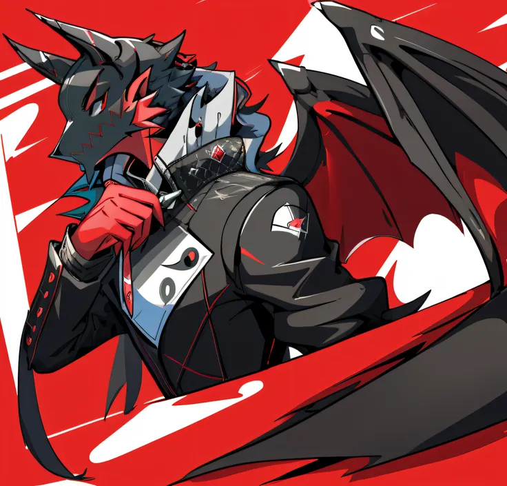 anime character with black wings and red body and black wings, persona 5 phantom thief style, persona 5 style, persona 5 art style wlop, persona 5, persona 5 inspired, persona 5 art style, persona 5 artwork, crimson attire, dragon, furry art