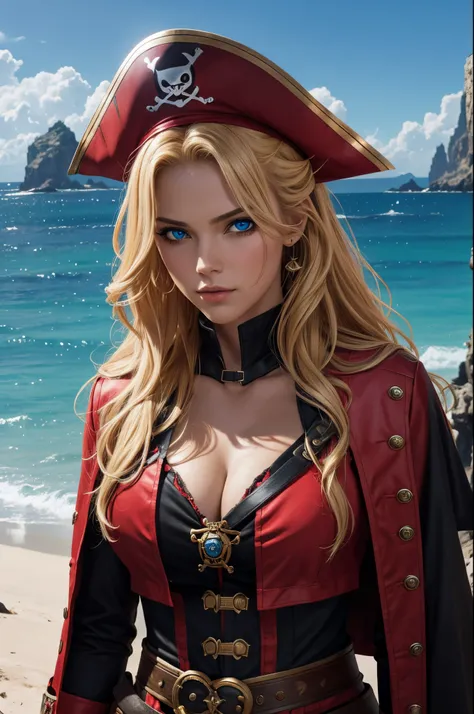 8K,Captain in a red pirate costume,Super beauty(Like the real thing)red and black big chest pirate costume,Realistic costume texture,Eye patch over one eye(A black)enticing,real looking skin,Look at viewers,Blue eyes,Blonde Wavy Hair,Beautiful scenery,超A h...