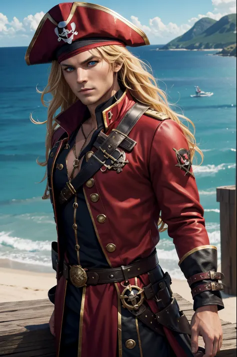 8K,Captain in a red pirate costume,Super beauty(Like the real thing)red and black big chest pirate costume,Realistic costume texture,Eye patch over one eye(A black)enticing,real looking skin,Look at viewers,Blue eyes,Blonde Wavy Hair,Beautiful scenery,超A h...