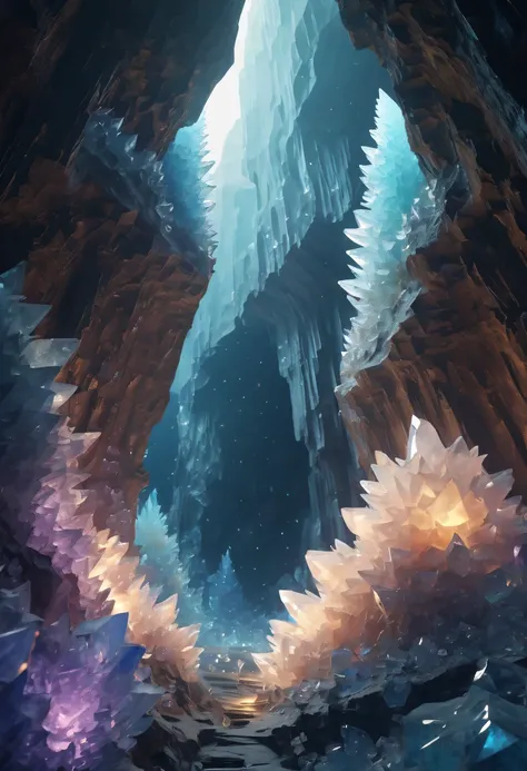 Fantasy cave walls made of mineral crystals，covered with precious crystals, crystal cluster， s fractal art，subsurface, exploration, Glowing crystal, fluorite crystal,associated mineral crystals , Enigmatic Atmosphere, Sparkling crystals, Natural Crystal, s...