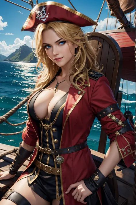 8K、Captain in red pirate costume、Super beauty(Like the real thing)red and black big chest pirate costume、Realistic costume texture、Eye patch over one eye(A black)enchanted、Lifelike skin,looking at viewert,blue eyess,Blonde wavy hair,ultra-sexy,Beautiful La...