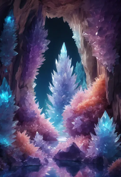 Fantasy cave walls made of mineral crystals，covered with precious crystals, crystal cluster， s fractal art，subsurface, exploration, Glowing crystal, fluorite crystal,associated mineral crystals , Enigmatic Atmosphere, Sparkling crystals, Natural Crystal, s...